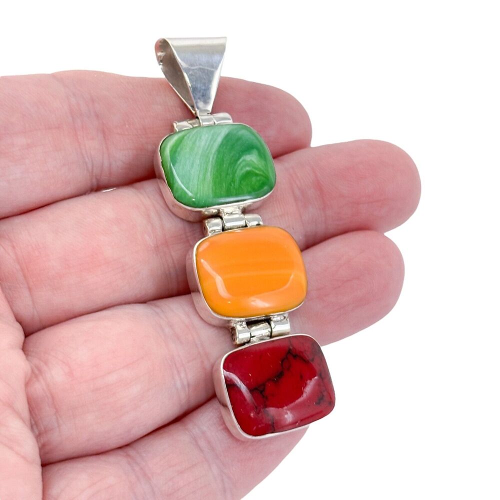 Estate Mexico Sterling Silver 925 Spiny Oyster, Jasper, and Shell Pendant